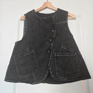 QM Women’s Black Denim Vest QM Button Front Pockets Asymmetrical